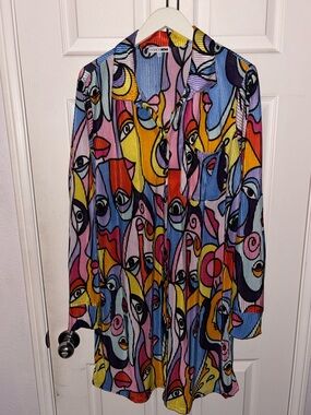 Fashion Nova Colorful Abstract Face Button Up Shirt-Dress